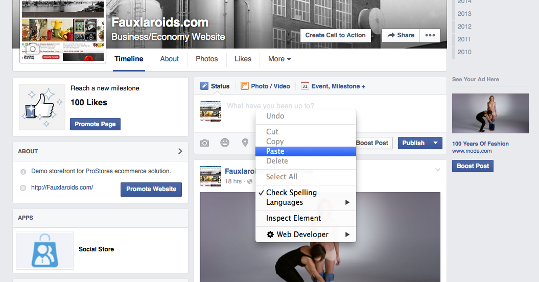 Paste the URL into the Status field on your Facebook Page