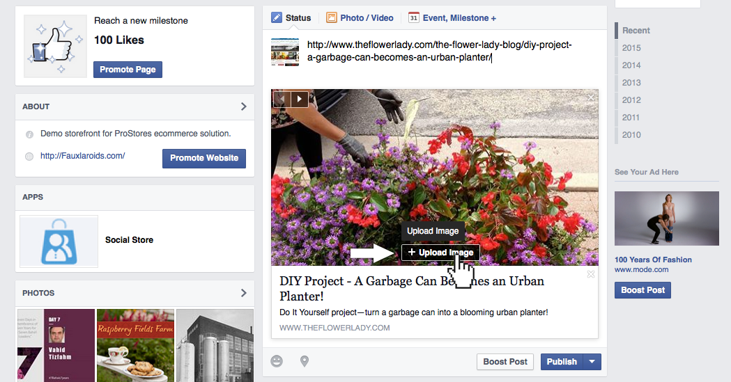 After Facebook auto-generates the image and title from the URL, click the +Upload Image icon